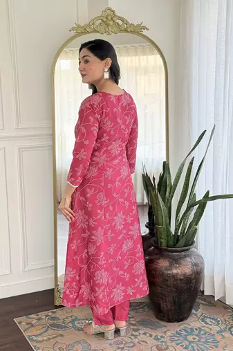 Pink  Rayon Printed Work Flared Kurta Pant and Dupatta Set