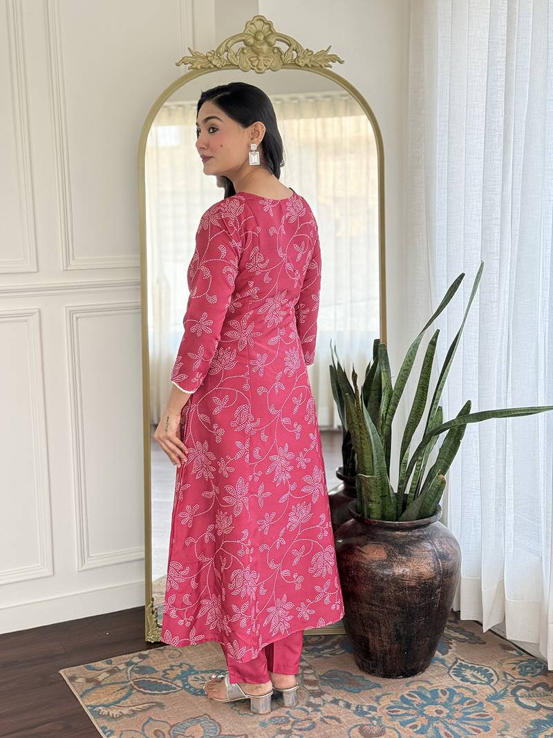 Pink  Rayon Printed Work Flared Kurta Pant and Dupatta Set