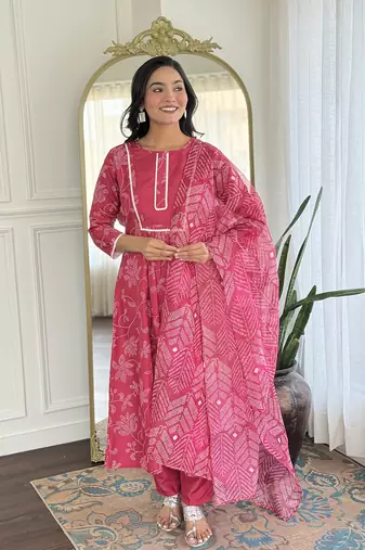 Pink  Rayon Printed Work Flared Kurta Pant and Dupatta Set