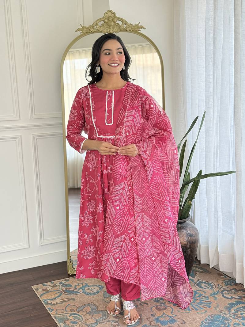 Pink  Rayon Printed Work Flared Kurta Pant and Dupatta Set
