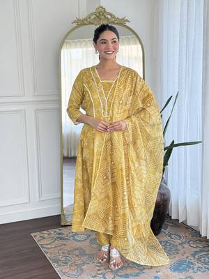  Yellow Rayon Printed Work A-Line Kurta Pant and Dupatta Set 1