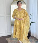  Yellow Rayon Printed Work A-Line Kurta Pant and Dupatta Set