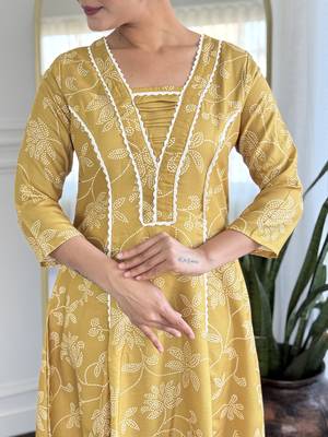 Yellow Rayon Printed Work A-Line Kurta Pant and Dupatta Set 2