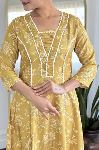  Yellow Rayon Printed Work A-Line Kurta Pant and Dupatta Set