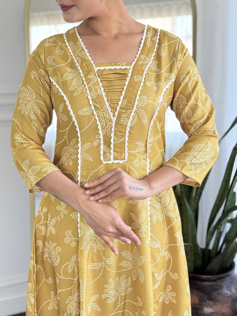  Yellow Rayon Printed Work A-Line Kurta Pant and Dupatta Set