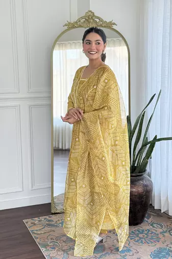  Yellow Rayon Printed Work A-Line Kurta Pant and Dupatta Set