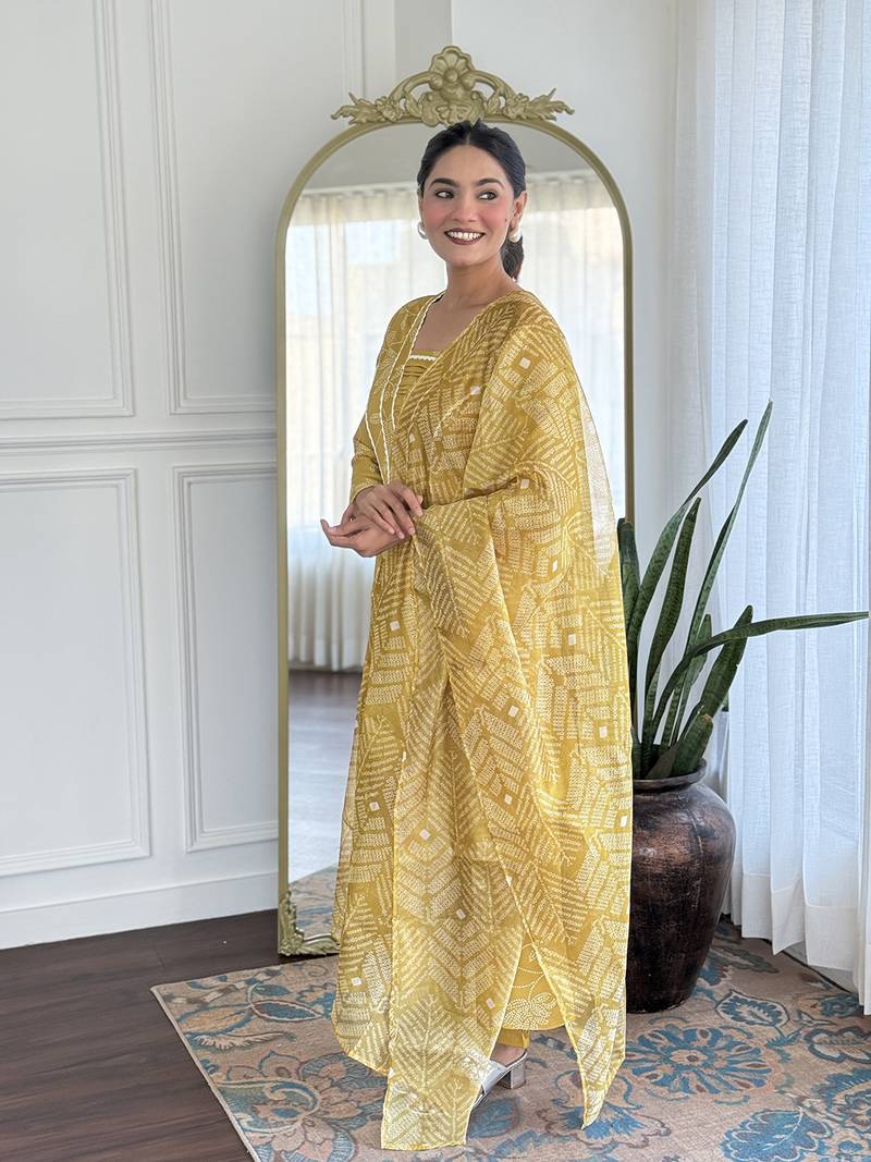  Yellow Rayon Printed Work A-Line Kurta Pant and Dupatta Set