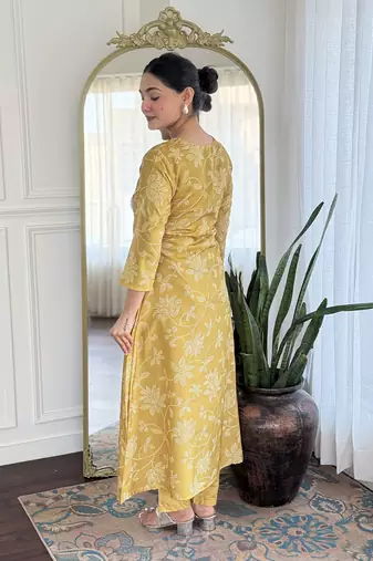  Yellow Rayon Printed Work A-Line Kurta Pant and Dupatta Set