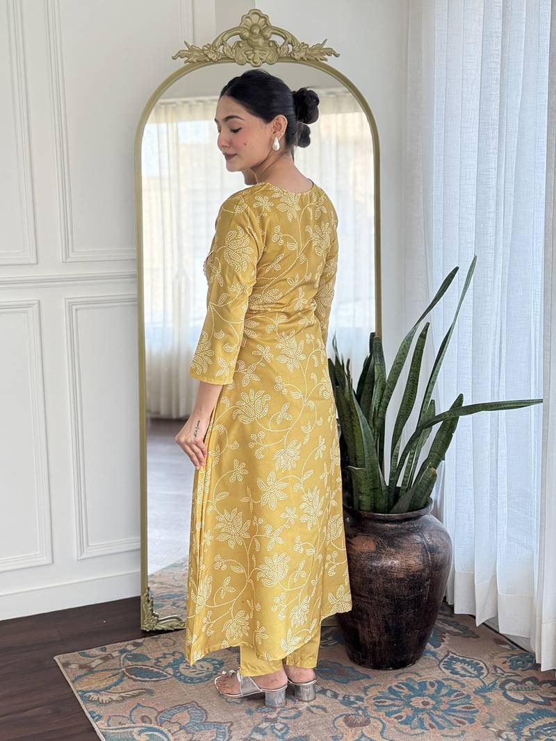  Yellow Rayon Printed Work A-Line Kurta Pant and Dupatta Set