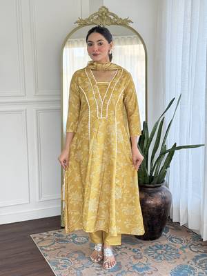  Yellow Rayon Printed Work A-Line Kurta Pant and Dupatta Set 5