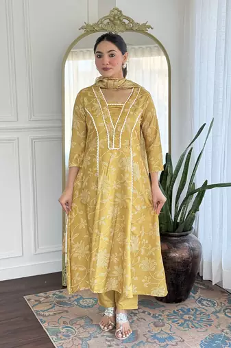  Yellow Rayon Printed Work A-Line Kurta Pant and Dupatta Set