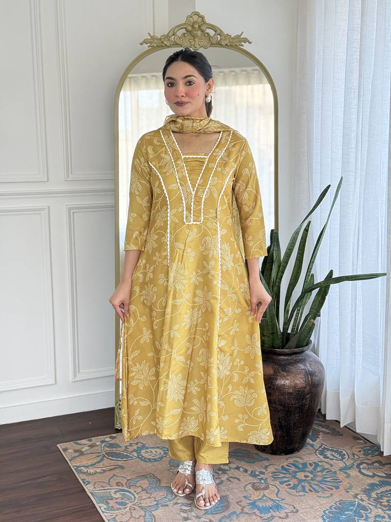  Yellow Rayon Printed Work A-Line Kurta Pant and Dupatta Set