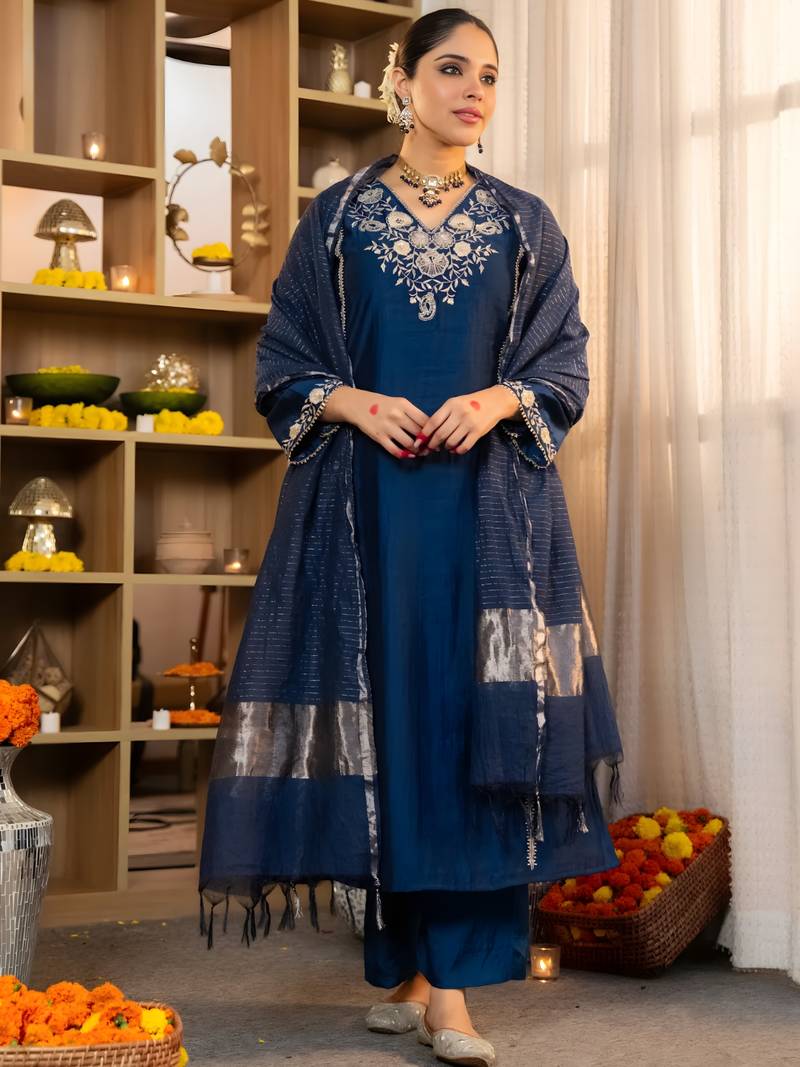 Blue Viscose Silk Embroidery Work A-Line Kurta Pant and Dupatta Set
