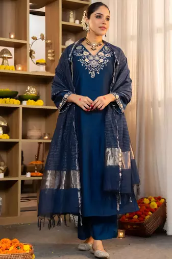 Blue Viscose Silk Embroidery Work A-Line Kurta Pant and Dupatta Set