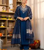 Blue Viscose Silk Embroidery Work A-Line Kurta Pant and Dupatta Set