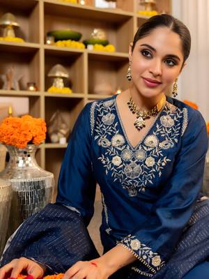 blue viscose silk embroidered a-line kurta pant and dupatta set 2