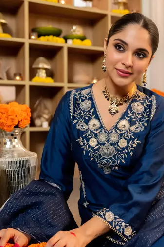 blue viscose silk embroidered a-line kurta pant and dupatta set