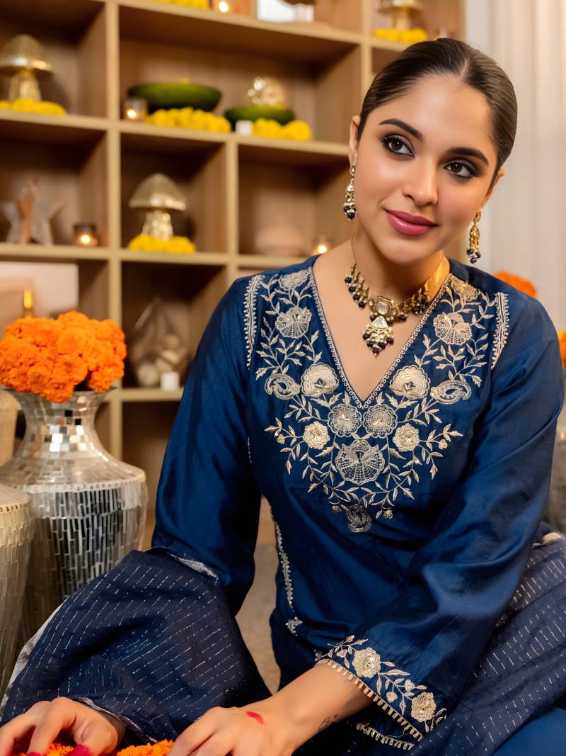 Blue Viscose Silk Embroidery Work A-Line Kurta Pant and Dupatta Set