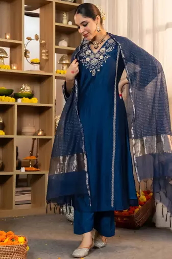 blue viscose silk embroidered a-line kurta pant and dupatta set
