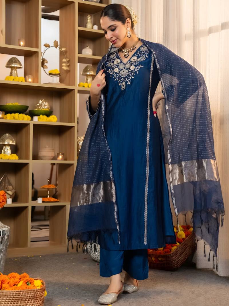 Blue Viscose Silk Embroidery Work A-Line Kurta Pant and Dupatta Set
