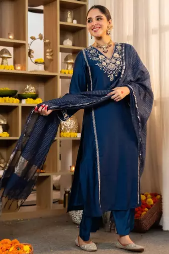 blue viscose silk embroidered a-line kurta pant and dupatta set