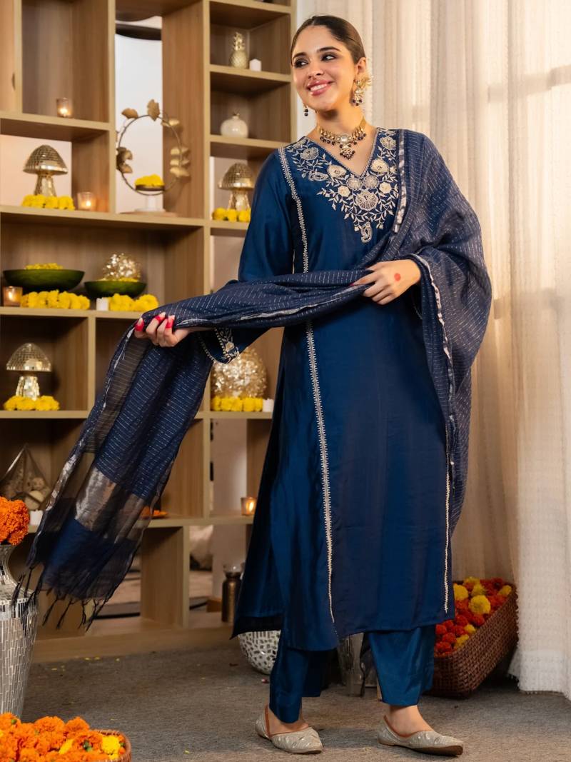 Blue Viscose Silk Embroidery Work A-Line Kurta Pant and Dupatta Set