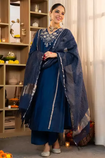blue viscose silk embroidered a-line kurta pant and dupatta set