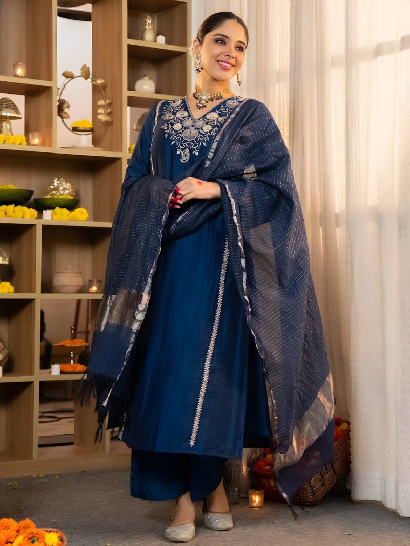 Blue Viscose Silk Embroidery Work A-Line Kurta Pant and Dupatta Set