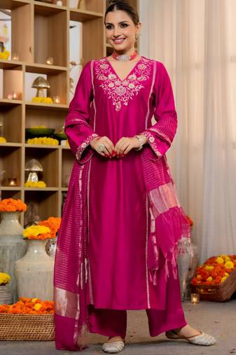 Pink Viscose Silk Embroidery Work A-Line Kurta Pant and Dupatta Set