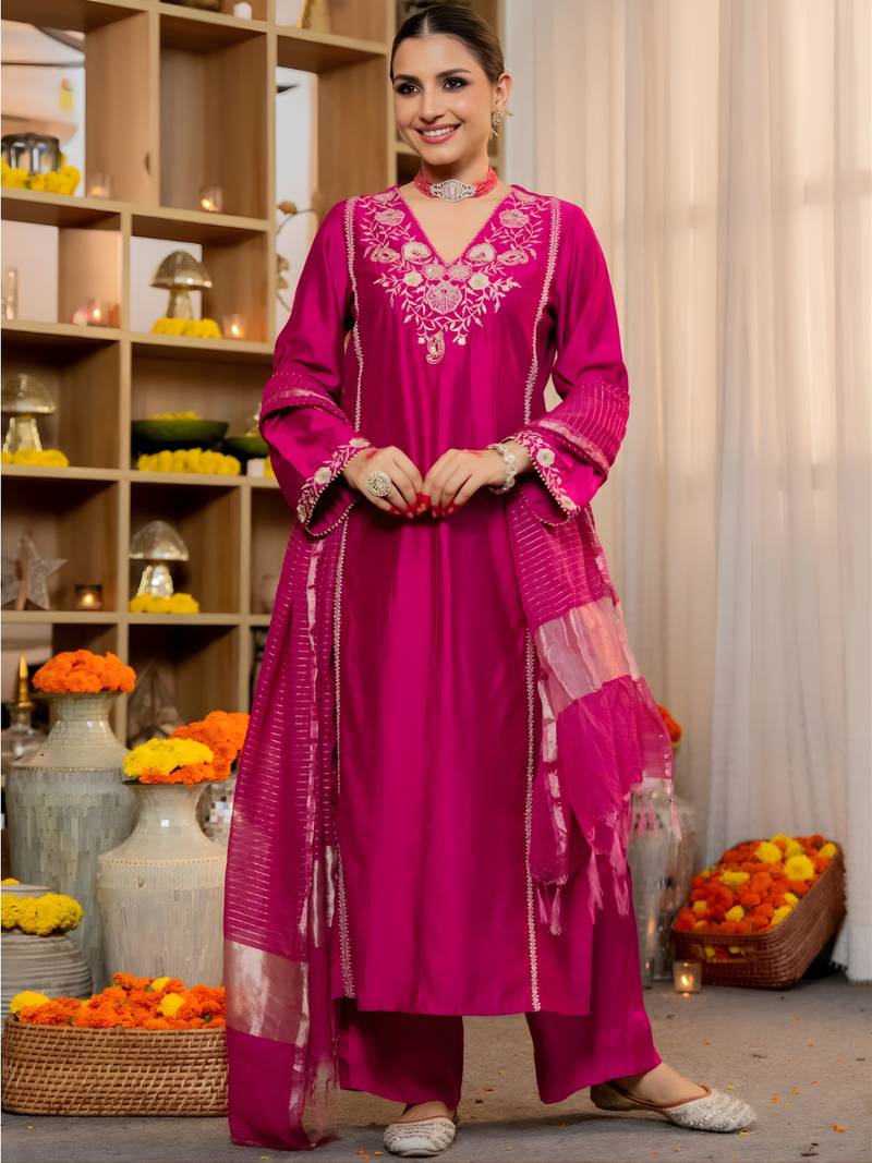 Pink Viscose Silk Embroidery Work A-Line Kurta Pant and Dupatta Set