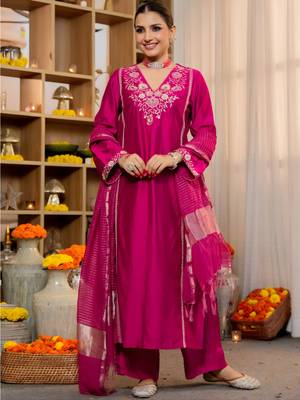 Pink Viscose Silk Embroidery Work A-Line Kurta Pant and Dupatta Set 1