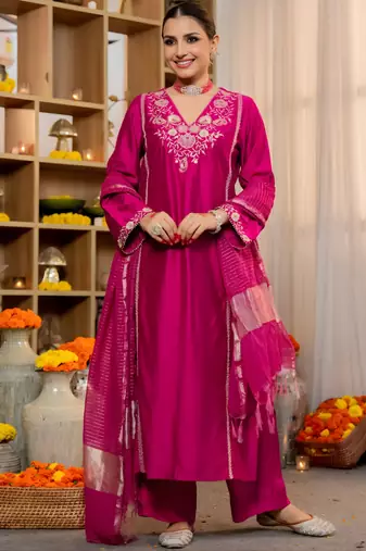 Pink Viscose Silk Embroidery Work A-Line Kurta Pant and Dupatta Set