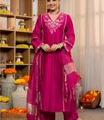 Pink Viscose Silk Embroidery Work A-Line Kurta Pant and Dupatta Set