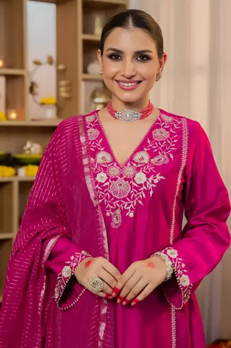 Pink Viscose Silk Embroidery Work A-Line Kurta Pant and Dupatta Set