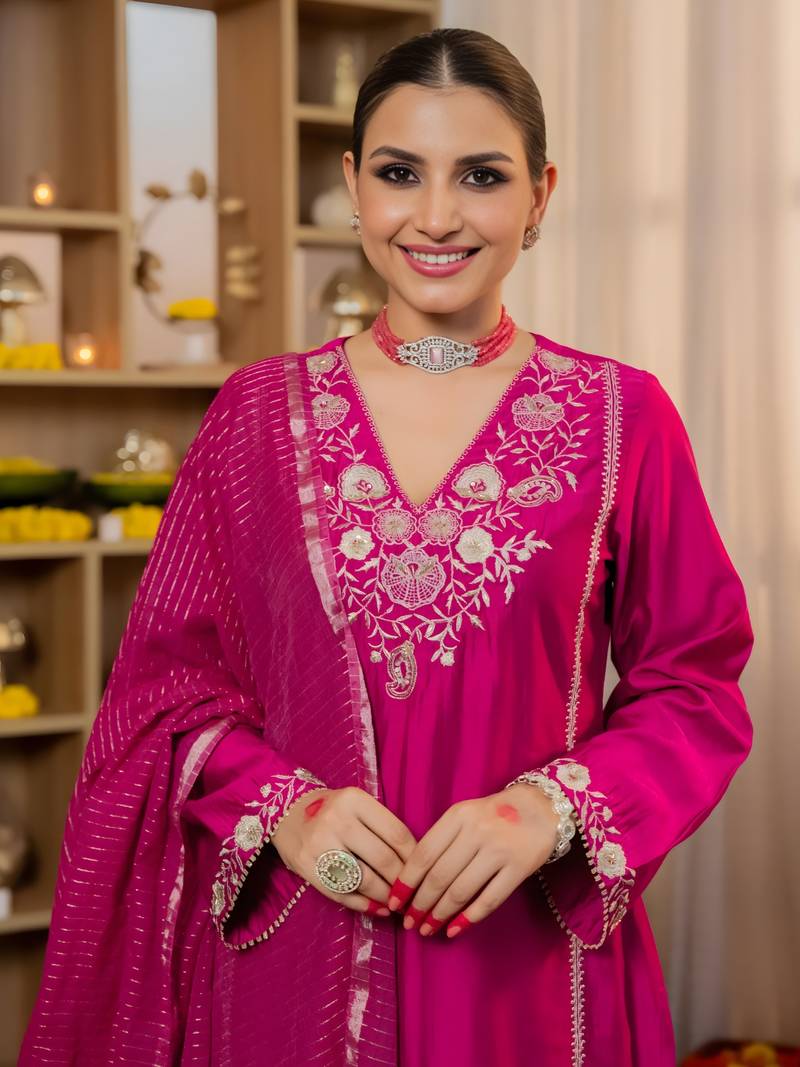 Pink Viscose Silk Embroidery Work A-Line Kurta Pant and Dupatta Set
