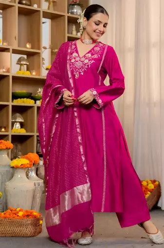 Pink Viscose Silk Embroidery Work A-Line Kurta Pant and Dupatta Set