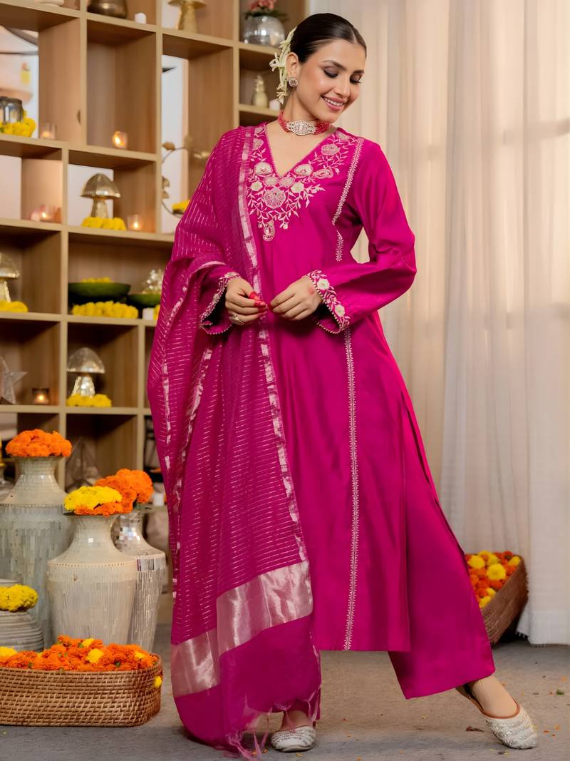 Pink Viscose Silk Embroidery Work A-Line Kurta Pant and Dupatta Set