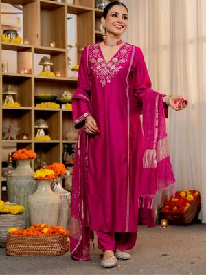 Pink Viscose Silk Embroidery Work A-Line Kurta Pant and Dupatta Set 4