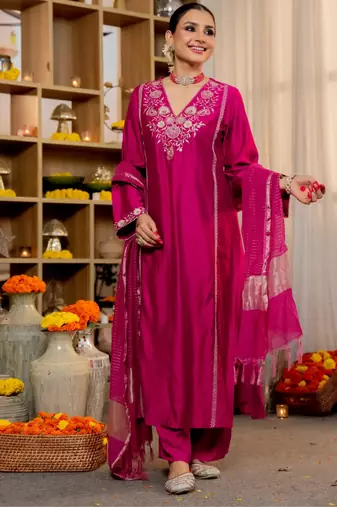 Pink Viscose Silk Embroidery Work A-Line Kurta Pant and Dupatta Set