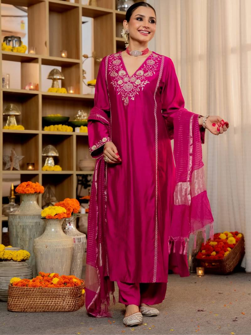 Pink Viscose Silk Embroidery Work A-Line Kurta Pant and Dupatta Set