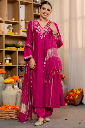 Pink Viscose Silk Embroidery Work A-Line Kurta Pant and Dupatta Set