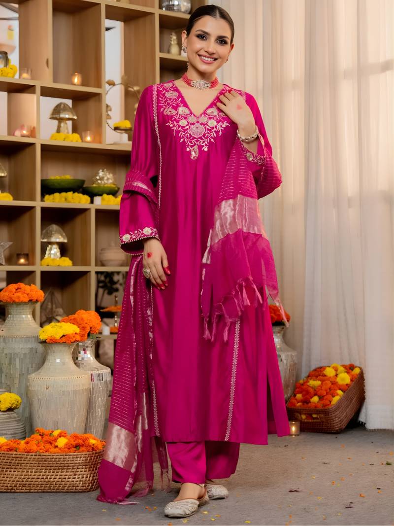Pink Viscose Silk Embroidery Work A-Line Kurta Pant and Dupatta Set
