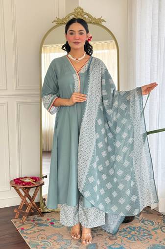 Grey Rayon Embroidery Work A-Line Kurta Pant and Dupatta Set