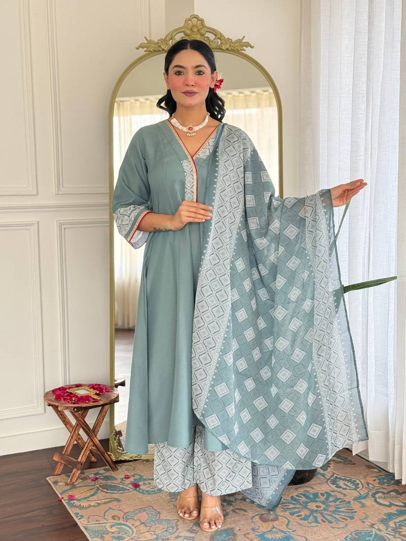 Grey Rayon Embroidery Work A-Line Kurta Pant and Dupatta Set