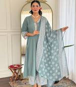 Grey Rayon Embroidery Work A-Line Kurta Pant and Dupatta Set