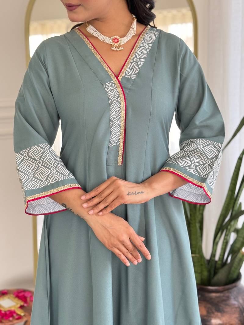 Grey Rayon Embroidery Work A-Line Kurta Pant and Dupatta Set
