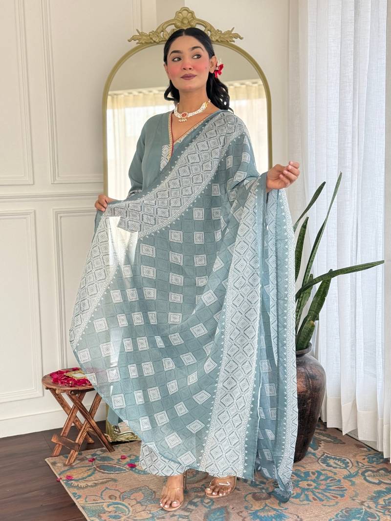Grey Rayon Embroidery Work A-Line Kurta Pant and Dupatta Set