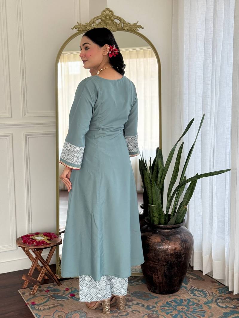 Grey Rayon Embroidery Work A-Line Kurta Pant and Dupatta Set