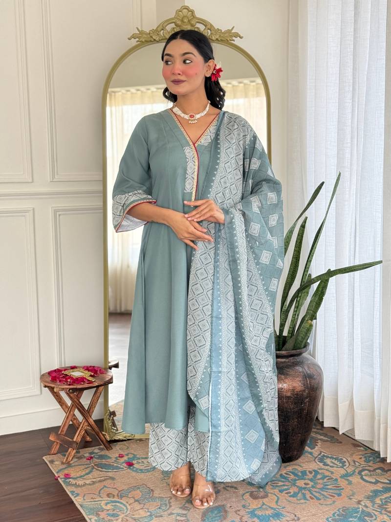 Grey Rayon Embroidery Work A-Line Kurta Pant and Dupatta Set