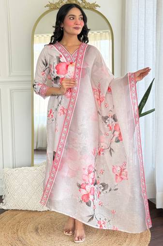 White Rayon Printed Work Straight Kurta Pant and Dupatta Set